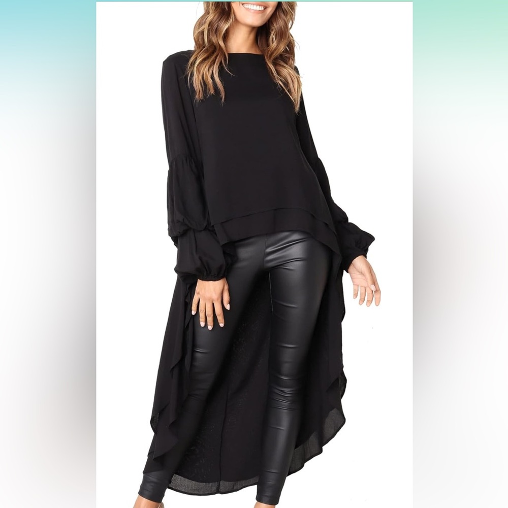 Long Sleeve Round Neck High Low Asymmetrical Irregular Hem Blouse
